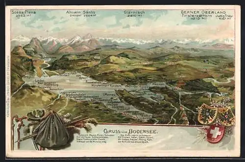 Lithographie Nonnenhorn, Der Bodensee mit allen Ufergemeinden und den Bergen der Umgebung, Wappen, Wandererutensilien