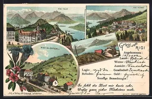 Lithographie Rigi, Känzeli, Rigi-Kaltbad und Rigi-Klösterli mit Rigi-Bahn