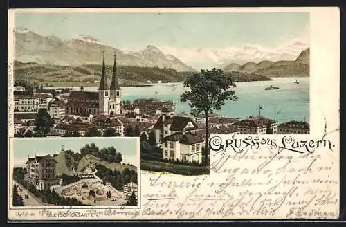 Lithographie Luzern, Gasthaus Gletschergarten, Teilansicht der Stadt