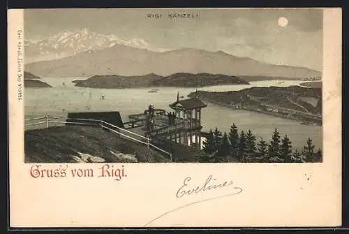 Lithographie Rigi, Aussicht vom Rigi Känzeli