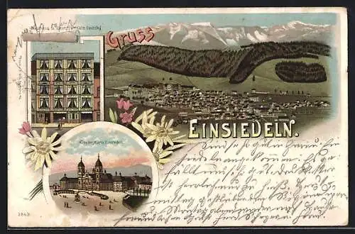 Lithographie Einsiedeln, Gasthaus St. Georg, Kloster Maria Einsiedeln