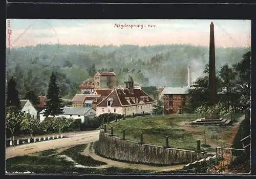 AK Mägdesprung im Harz, Strassenpartie mit Denkmal