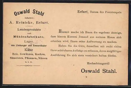 AK Erfurt, Reklame für Oswald Stahl Landesprodukte und Mühlenfabrikate