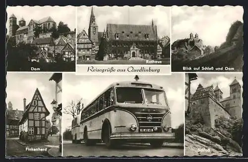 AK Quedlinburg, Reisebus, Dom, Rathaus, Finkenherd, das Schloss