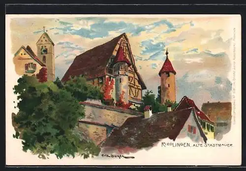 Künstler-Lithographie Fritz Bergen: Riedlingen, Partie an der alten Stadtmauer