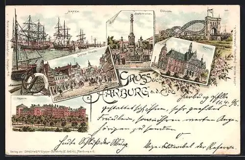 Lithographie Hamburg-Harburg, Hafen, Elbbrücke, Schillerbrunnen, Schloss-Strasse, Rathaus, Kaserne