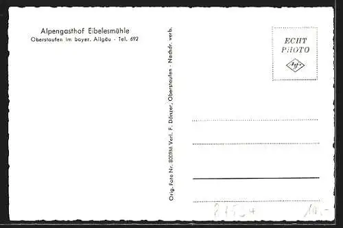 AK Oberstaufen / bayer. Allgäu, Alpengasthof Eibelesmühle, Wasserfall & Angler