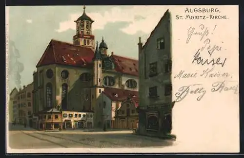 Lithographie Augsburg, Strassenpartie mit St. Moritz-Kirche