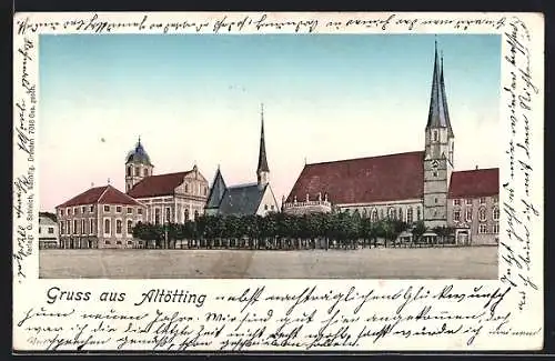 Goldfenster-AK Altötting, Platz, Kirche und Nebengebäude mit leuchtenden Fenstern