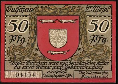 Notgeld Wesel 1921, 50 Pfennig, Kriegerdenkmal und Wappen, Gutschein