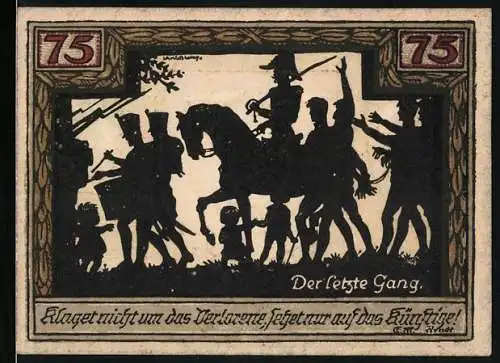 Notgeld Wesel 1921, 75 Pfennig, Soldaten auf dem Weg in die Schlacht Der letzte Gang, Wappen, Gutschein