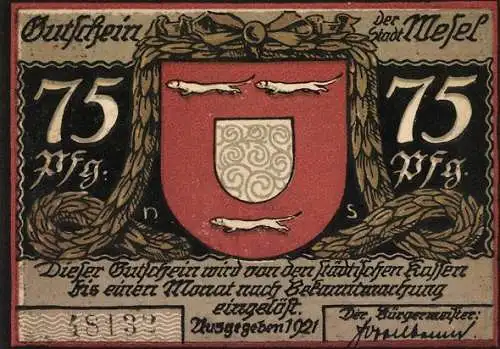 Notgeld Wesel 1921, 75 Pfennig, Soldaten auf dem Weg in die Schlacht Der letzte Gang, Wappen, Gutschein