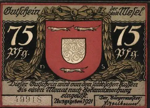 Notgeld Wesel 1921, 75 Pfennig, Soldaten erschiessen einen Gegner, Wappen, Gutschein