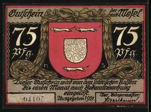 Notgeld Wesel 1921, 75 Pfennig, Soldat verhängt ein Todesurteil, Wappen, Gutschein