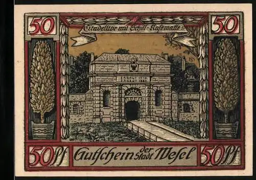 Notgeld Wesel 1921, 50 Pfennig, Citadelltor mit Schill-Kasematte, Wappen, Gutschein