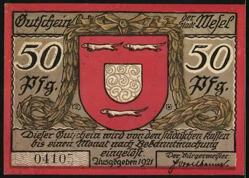 Notgeld Wesel 1921, 50 Pfennig, Citadelltor mit Schill-Kasematte, Wappen, Gutschein