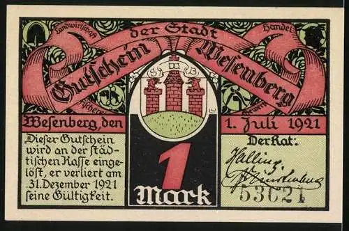 Notgeld Wesenberg 1921, 1 Mark, Wesenberger Schützengilde, Wappen, Gutschein
