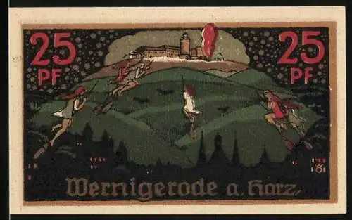 Notgeld Wernigerode /Harz 1920, 25 Pfennig, Hexen reiten auf Besen zum Brocken, Wappen, Gutschein
