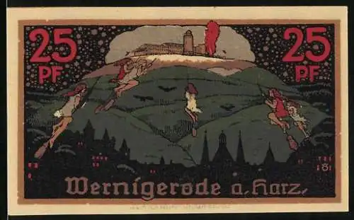 Notgeld Wernigerode /Harz 1920, 25 Pfennig, Hexen reiten auf Besen zum Brocken, Wappen, Gutschein