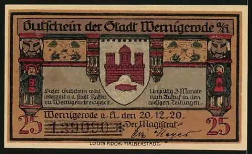 Notgeld Wernigerode /Harz 1920, 25 Pfennig, Hexen reiten auf Besen zum Brocken, Wappen, Gutschein