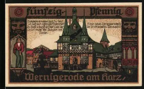 Notgeld Wernigerode /Harz 1920, 50 Pfennig, Rathaus und Wappen, Gutschein