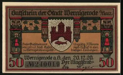 Notgeld Wernigerode /Harz 1920, 50 Pfennig, Rathaus und Wappen, Gutschein