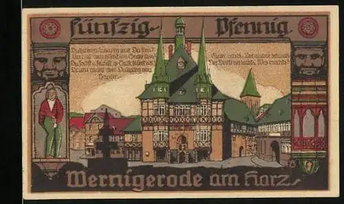 Notgeld Wernigerode /Harz 1920, 50 Pfennig, Rathaus und Wappen, Gutschein