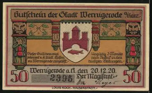 Notgeld Wernigerode /Harz 1920, 50 Pfennig, Rathaus und Wappen, Gutschein