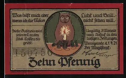 Notgeld Wernigerode /Harz 1921, 10 Pfennig, Mäuse sitzen vor der Katze, Volkstrachten, Gutschein