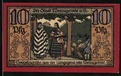 Notgeld Wernigerode /Harz 1921, 10 Pfennig, Mäuse sitzen vor einer Katze, Volkstrachten, Gutschein
