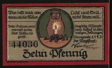 Notgeld Wernigerode /Harz 1921, 10 Pfennig, Mäuse sitzen vor einer Katze, Volkstrachten, Gutschein