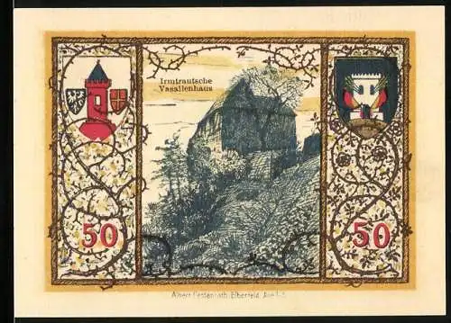 Notgeld Westerburg 1920, 50 Pfennig, Irmtrautsches Vasallenhaus und Wappen