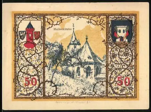 Notgeld Westerburg 1920, 50 Pfennig, Hallenkirche und Wappen