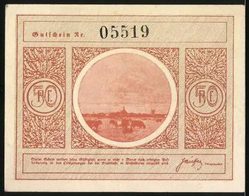 Notgeld Wesselburen, 50 Pfennig, Bildnis Friedrich Hebbel, Landschaft mit Weidevieh, Gutschein