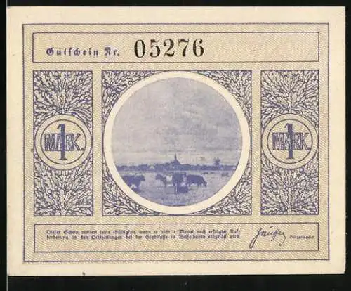 Notgeld Wesselburen, 1 Mark, Bildnis Friedrich Hebbel, Landschaft mit Weidevieh, Gutschein