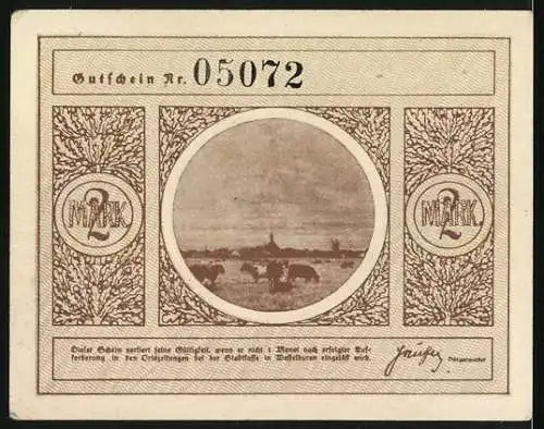 Notgeld Wesselburen, 2 Mark, Bildnis Friedrich Hebbel, Landschaft mit Weidevieh, Gutschein