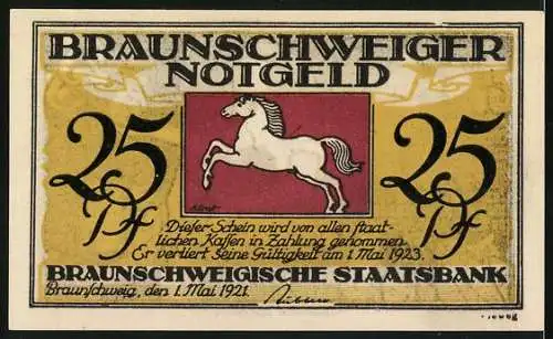 Notgeld Braunschweig 1921, 25 Pfennig, Eulenspiegel mit Eulen und Affen, Wappen