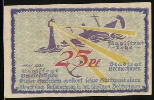 Notgeld Bremerhaven 1921, 25 Pfennig, Schiff und Leuchtturm, Wappen, Gutschein