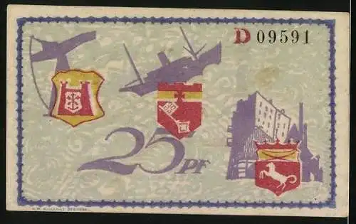 Notgeld Bremerhaven 1921, 25 Pfennig, Schiff und Leuchtturm, Wappen, Gutschein