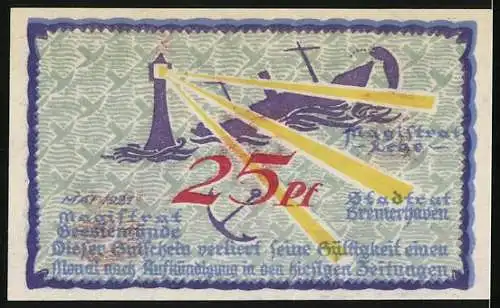 Notgeld Bremerhaven 1921, 25 Pfennig, Schiff und Leuchtturm, Wappen, Gutschein
