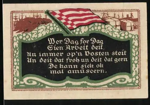 Notgeld Bremen, 50 Pfennig, Gutschein für Georg Söllner`s Gute Stuben, Hafenpanorama, Flagge und Bremer Schlüssel