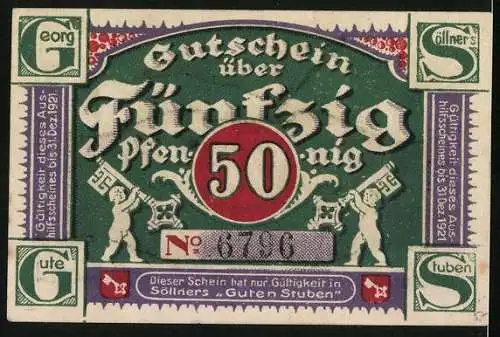 Notgeld Bremen, 50 Pfennig, Gutschein für Georg Söllner`s Gute Stuben, Hafenpanorama, Flagge und Bremer Schlüssel