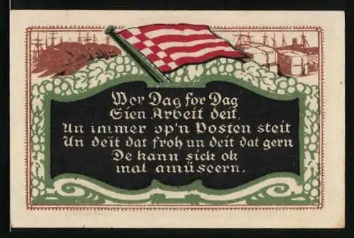 Notgeld Bremen, 50 Pfennig, Gutschein für Georg Söllner`s Gute Stuben, Hafenpanorama, Flagge und Bremer Schlüssel