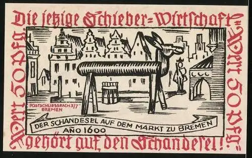 Notgeld Bremen 1921, 50 Pfennig, Schandesel auf dem Markt anno 1600, Die Weisen von Zion Deutscher Tag