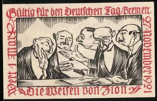Notgeld Bremen 1921, 1 Mark, Schandesel auf dem Markt anno 1600, Die Weisen von Zion, Deutscher Tag