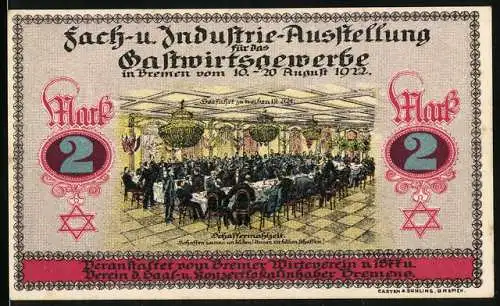 Notgeld Bremen 1922, 2 Mark, Fach- u. Industrie-Ausstellung f. d. Gastwirtsgewerbe, Schaffermahlzeit, Gutschein