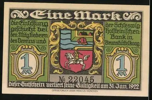Notgeld Brunsbüttelkoog 1922, 1 Mark, Schleuse Nordostsee-Kanal, Wappen, Gutschein