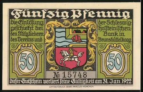 Notgeld Brunsbüttelkoog 1922, 50 Pfennig, Fähre und Wappen, Gutschein
