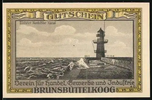 Notgeld Brunsbüttelkoog 1922, 25 Pfennig, Einfahrt Nordostsee-Kanal, Wappen, Gutschein