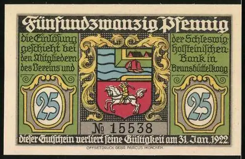 Notgeld Brunsbüttelkoog 1922, 25 Pfennig, Einfahrt Nordostsee-Kanal, Wappen, Gutschein